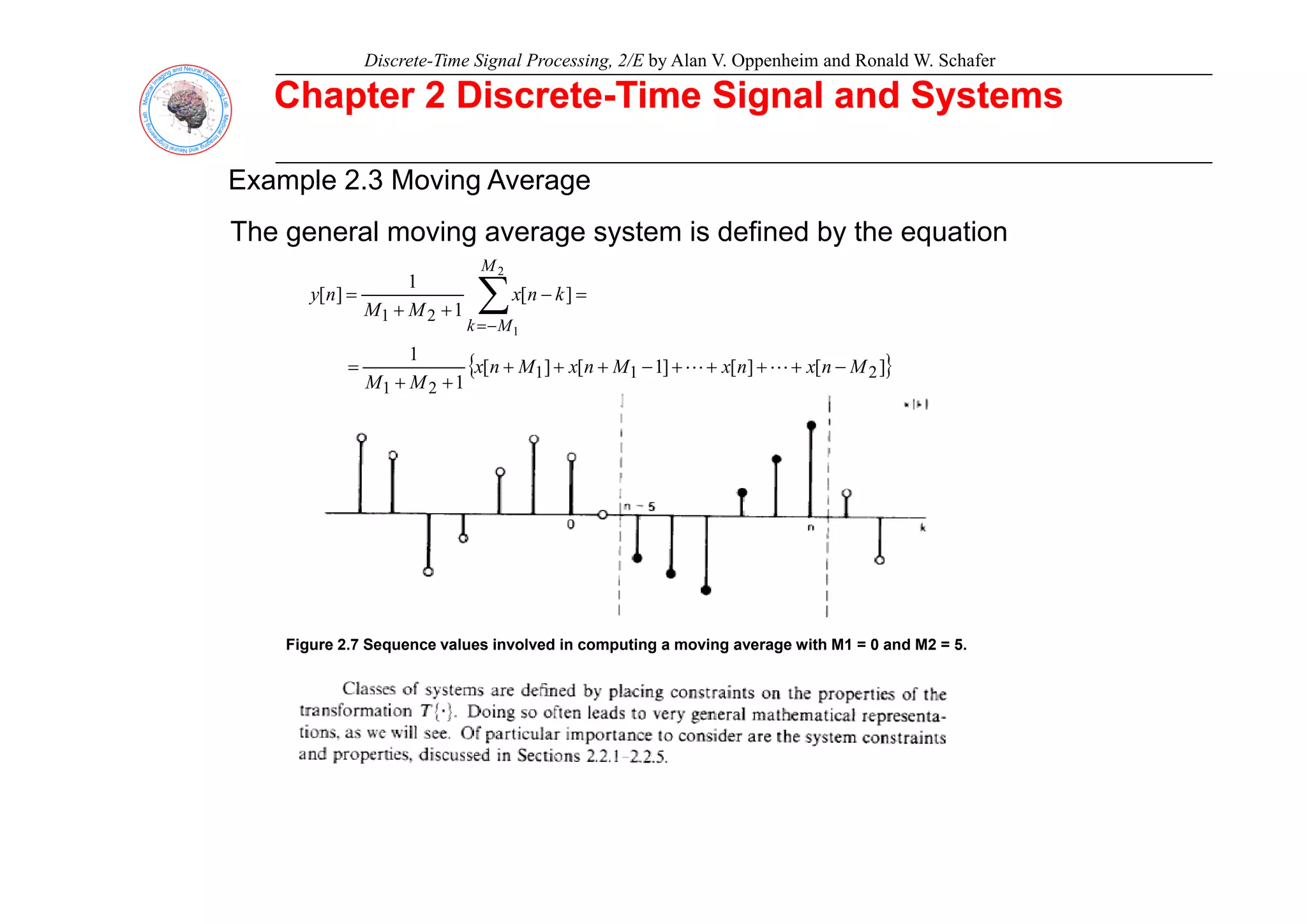 Discrete-Time Signal Processing, 2/E by Alan V. Oppenheim and Ronald W. Schafer
Chapter 2 Discrete
Chapter 2 Discrete-
-Time Signal and Systems
Time Signal and Systems
Example 2.3 Moving Average
The general moving average system is defined by the equation
{ }
1
]
[
1
1
]
[
2
1
2
1
k
n
x
M
M
n
y
M
M
k
=
−
+
+
= ∑
−
=
{ }
]
[
]
[
]
1
[
]
[
1
1
2
1
1
2
1
M
n
x
n
x
M
n
x
M
n
x
M
M
−
+
+
+
+
−
+
+
+
+
+
= L
L
Figure 2.7 Sequence values involved in computing a moving average with M1 = 0 and M2 = 5.
 