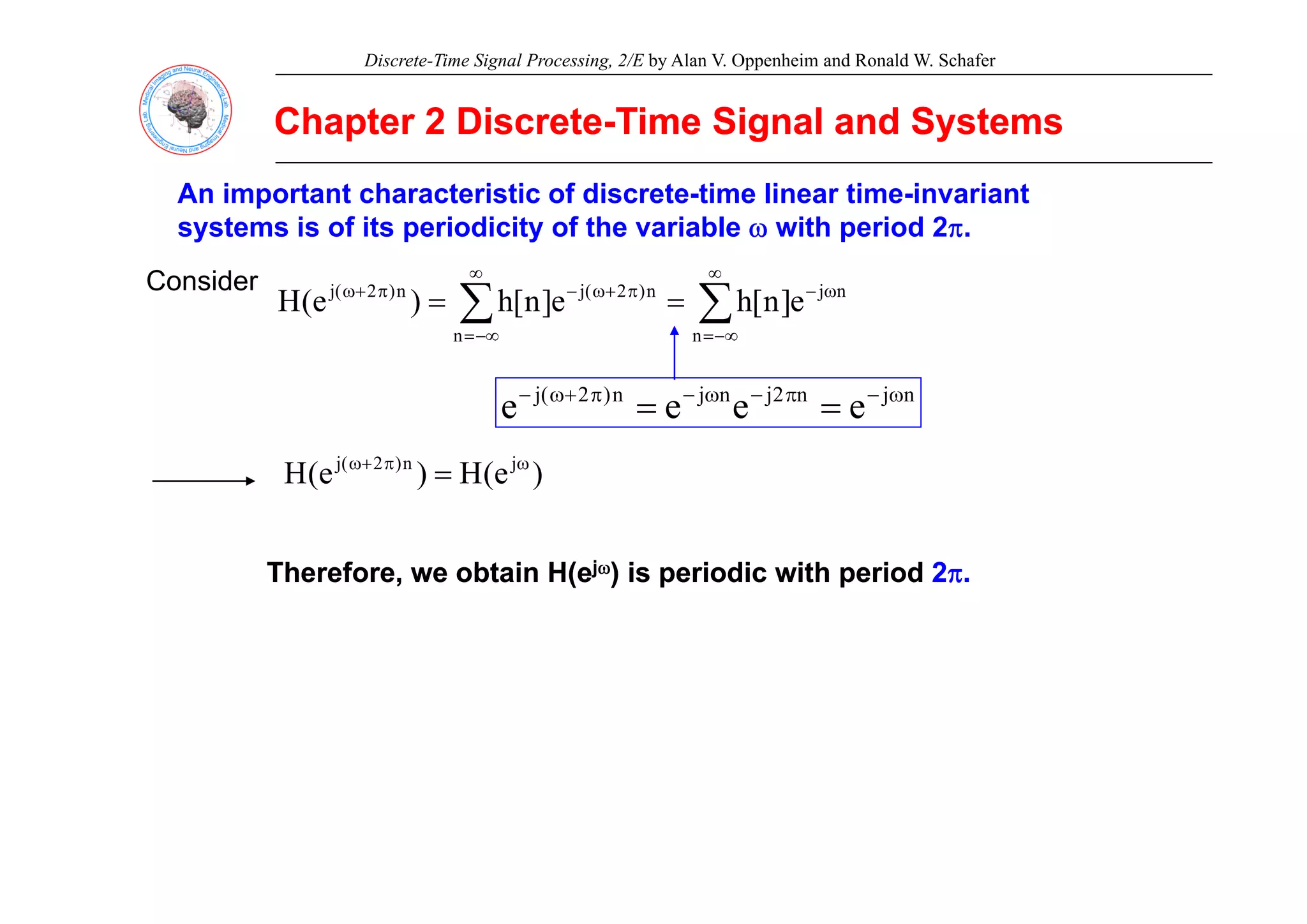 Discrete-Time Signal Processing, 2/E by Alan V. Oppenheim and Ronald W. Schafer
Chapter 2 Discrete
Chapter 2 Discrete-
-Time Signal and Systems
Time Signal and Systems
An important characteristic of discrete-time linear time-invariant
systems is of its periodicity of the variable ω with period 2π.
Consider
∑
∑
∞
−∞
=
ω
−
∞
−∞
=
π
+
ω
−
π
+
ω
=
=
n
n
j
n
n
)
2
(
j
n
)
2
(
j
e
]
n
[
h
e
]
n
[
h
)
e
(
H
n
j
n
2
j
n
j
n
)
2
(
j
e
e
e
e ω
−
π
−
ω
−
π
+
ω
−
=
=
)
(
)
( j
n
)
2
(
j ω
π
+
ω
)
e
(
H
)
e
(
H j
n
)
2
(
j ω
π
+
ω
=
Th f bt i H(
Th f bt i H( j
jω
ω) i i di ith i d
) i i di ith i d 2
2
Therefore, we obtain H(e
Therefore, we obtain H(ej
jω
ω) is periodic with period
) is periodic with period 2
2π
π.
.
 