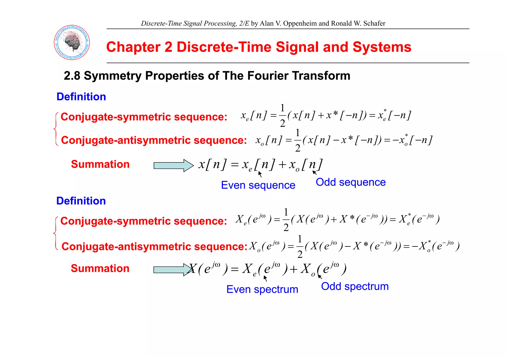 Discrete-Time Signal Processing, 2/E by Alan V. Oppenheim and Ronald W. Schafer
Chapter 2 Discrete
Chapter 2 Discrete-
-Time Signal and Systems
Time Signal and Systems
2.8 Symmetry Properties of The Fourier Transform
2.8 Symmetry Properties of The Fourier Transform
Definition
Definition
Definition
Definition
Conjugate
Conjugate-
-symmetric sequence:
symmetric sequence:
C j t
C j t ti t i
ti t i
]
n
[
x
])
n
[
*
x
]
n
[
x
(
]
n
[
x *
e
e −
=
−
+
=
2
1
]
[
])
[
*
]
[
(
]
[ *
1
]
n
[
x
]
n
[
x
]
n
[
x o
e +
=
Conjugate
Conjugate-
-antisymmetric sequence:
antisymmetric sequence: ]
n
[
x
])
n
[
*
x
]
n
[
x
(
]
n
[
x o
o −
−
=
−
−
=
2
Summation
Summation
Odd
Odd
Even sequence
Even sequence Odd sequence
Odd sequence
Definition
Definition
Conj gate
Conj gate s mmetric seq ence
s mmetric seq ence )
e
(
X
))
e
(
*
X
)
e
(
X
(
)
e
(
X j
*
j
j
j ω
−
ω
−
ω
ω
=
+
=
1
Conjugate
Conjugate-
-symmetric sequence:
symmetric sequence:
Conjugate
Conjugate-
-antisymmetric sequence:
antisymmetric sequence:
)
e
(
X
))
e
(
*
X
)
e
(
X
(
)
e
(
X e
e =
+
=
2
)
e
(
X
))
e
(
*
X
)
e
(
X
(
)
e
(
X j
*
o
j
j
j
o
ω
−
ω
−
ω
ω
−
=
−
=
2
1
Summation
Summation )
e
(
X
)
e
(
X
)
e
(
X j
o
j
e
j ω
ω
ω
+
=
Even spectrum
Even spectrum Odd spectrum
Odd spectrum
 