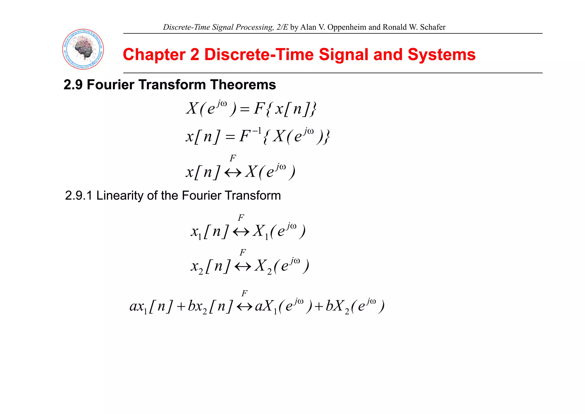 Discrete-Time Signal Processing, 2/E by Alan V. Oppenheim and Ronald W. Schafer
Chapter 2 Discrete
Chapter 2 Discrete-
-Time Signal and Systems
Time Signal and Systems
2.9 Fourier Transform Theorems
2.9 Fourier Transform Theorems
]}
n
[
x
{
F
)
e
(
X jω
=
)}
e
(
X
{
F
]
n
[
x
]}
n
[
x
{
F
)
e
(
X
F
jω
−
= 1
2.9.1 Linearity of the Fourier Transform
2.9.1 Linearity of the Fourier Transform
)
e
(
X
]
n
[
x j
F
ω
↔
)
e
(
X
]
n
[
x
F
j
F
ω
↔ 1
1
)
e
(
X
]
n
[
x j
F
ω
↔ 2
2
)
(
bX
)
(
X
]
[
b
]
[ j
j
F
ω
ω
)
e
(
bX
)
e
(
aX
]
n
[
bx
]
n
[
ax j
j ω
ω
+
↔
+ 2
1
2
1
 