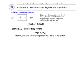 Discrete-Time Signal Processing, 2/E by Alan V. Oppenheim and Ronald W. Schafer
Chapter 2 Discrete
Chapter 2 Discrete-
-Time Signal and Systems
Time Signal and Systems
2.2 Discrete
2.2 Discrete-
-Time Systems
Time Systems
x[n] y[n]
{ }
⋅
T
]}
n
[
x
{
T
]
n
[
y =
Example 2 2 The ideal delay system
Example 2.2 The ideal delay system
y[n] = x[n-nd],
where n is a fixed positive integer called the delay of the system
where nd is a fixed positive integer called the delay of the system.
 