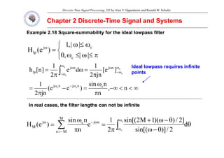 Discrete-Time Signal Processing, 2/E by Alan V. Oppenheim and Ronald W. Schafer
Chapter 2 Discrete
Chapter 2 Discrete-
-Time Signal and Systems
Time Signal and Systems
⎧ ≤
|
|
1
Example 2.18 Square
Example 2.18 Square-
-summability
summability for the ideal
for the ideal lowpass
lowpass filter
filter
⎩
⎨
⎧
π
≤
ω
≤
ω
ω
≤
ω
=
ω
|
|
,
0
|
|
,
1
)
e
(
H
c
c
j
lp
π
=
ω
π
= ω
ω
−
ω
ω
ω
−
ω
∫ ]
e
[
jn
2
1
d
e
2
1
]
n
[
h n
j
n
j
lp
c
c
c
c
Ideal lowpass requires infinite
Ideal lowpass requires infinite
points
points
∞
<
<
−∞
π
ω
=
−
π
= ω
−
ω
n
,
n
n
sin
)
e
e
(
jn
2
1 c
n
j
n
j c
c
In real cases, the filter lengths can not be infinite
In real cases, the filter lengths can not be infinite
θ
θ
−
ω
θ
−
ω
+
π
=
π
ω
= ∫
∑
ω
ω
ω
−
−
=
ω
d
2
/
)]
sin[(
]
2
/
)
)(
1
M
2
sin[(
2
1
e
n
n
sin
)
e
(
H
c
c
n
j
M
M
n
c
j
M
)]
[(
 