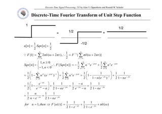 Discrete-Time Signal Processing, 2/E by Alan V. Oppenheim and Ronald W. Schafer
Discrete-Time Fourier Transform of Unit Step Function
1
1/2
1/2
= +
1/2
-1/2
1
1 1/2
}
)
2
(
{
2
1
,
)
2
(
2
}
1
{
2
1
]
[
2
1
]
[
1
r
π
ω
πδ
F
r
π
ω
πδ
F
n
Sqn
n
u
+
=
∴
+
=
+
=
∞
−
∞
∑
∑
Q
2
1
2
1
]}
[
{
,
0
,
1
0
,
1
]
[
2
0
1
e
α
e
α
n
Sqn
F
n
n
n
Sqn
n
n
ω
j
n
n
n
ω
j
n
r
r
+
−
=
∴
⎩
⎨
⎧
<
−
≥
=
∞
=
−
−
−∞
=
−
−
−∞
=
−∞
=
∑
∑
∑
∑
1
1
1
1
1
1
1
1
2
1
)
(
1
1
1
2
1
2
1
)
(
1
2
1
1
0
0
'
1
'
'
e
α
e
α
e
α
e
α
ω
j
ω
j
ω
j
n
n
ω
j
n
n
n
ω
j
n
⎞
⎛
−
+
⎟
⎟
⎠
⎞
⎜
⎜
⎝
⎛
−
−
=
+
⎟
⎠
⎞
⎜
⎝
⎛
−
=
−
−
−
−
∞
=
−
∞
=
−
−
∑
∑
1
1
1
1
1
2
1
2
1
1
1
2
1
1
2
1
α
e
α
α
e
α
e
α
α
e
e
ω
j
ω
j
ω
j
ω
j
ω
j
+
=
−
+
−
−
=
−
+
⎟
⎟
⎠
⎞
⎜
⎜
⎝
⎛
−
−
= −
−
−
−
)
(
1
1
2
1
1
1
2
1
)}
(
{
,
1
1
2
2
ω
πδ
e
e
t
u
F
then
α
for
e
α
e
α
ω
j
ω
j
ω
j
ω
j
+
−
+
−
=
⇒
=
−
+
−
=
−
−
−
−
 