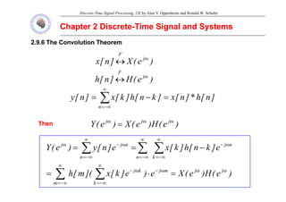 Discrete-Time Signal Processing, 2/E by Alan V. Oppenheim and Ronald W. Schafer
Chapter 2 Discrete
Chapter 2 Discrete-
-Time Signal and Systems
Time Signal and Systems
2.9.6 The Convolution Theorem
2.9.6 The Convolution Theorem
F
)
e
(
X
]
n
[
x j
F
ω
↔
)
(
H
]
[
h j
F
ω
↔ )
e
(
H
]
n
[
h jω
↔
∑
∞
=
−
= ]
n
[
h
*
]
n
[
x
]
k
n
[
h
]
k
[
x
]
n
[
y ∑
−∞
=
n
]
[
]
[
]
[
]
[
]
[
y
)
e
(
H
)
e
(
X
)
e
(
Y j
j
j ω
ω
ω
=
Then
Then
∑
∑
∑
∞
ω
−
∞
∞
ω
−
ω n
j
n
j
j
e
]
k
n
[
h
]
k
[
x
e
]
n
[
y
)
e
(
Y
)
e
(
H
)
e
(
X
)
e
(
Y j
j
j
=
Then
Then
∑ ∑
∑
∑
∑
∞ ∞
−∞
=
−∞
=
−∞
=
−
=
=
j
j
j
k
j
k
j
n
n
j
j
e
]
k
n
[
h
]
k
[
x
e
]
n
[
y
)
e
(
Y
∑ ∑
−∞
=
ω
ω
ω
−
−∞
=
ω
−
=
⋅
=
m
j
j
m
j
k
k
j
)
e
(
H
)
e
(
X
e
)
e
]
k
[
x
](
m
[
h
 