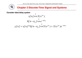 Discrete-Time Signal Processing, 2/E by Alan V. Oppenheim and Ronald W. Schafer
Chapter 2 Discrete
Chapter 2 Discrete-
-Time Signal and Systems
Time Signal and Systems
)
(
X
]
[ j
F
ω
↔
Consider ideal delay system
Consider ideal delay system
)
e
(
X
]
n
[
x jω
↔
d
n
j
F
d e
]
n
n
[ ω
−
↔
−
δ d ]
[
d
n
j
j
j
F
d e
)
e
(
X
)
e
(
Y
]
n
n
[
*
]
n
[
x
]
n
[
y ω
−
ω
ω
=
↔
−
δ
=
 
