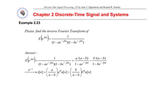 Discrete-Time Signal Processing, 2/E by Alan V. Oppenheim and Ronald W. Schafer
Chapter 2 Discrete
Chapter 2 Discrete-
-Time Signal and Systems
Time Signal and Systems
Example
Example 2.23
2.23
f
T f
F i
i
th
fi d
Pl
( ) )
1
)(
1
(
1
be
ae
e
X
of
Transform
Fourier
inverse
the
find
Please
j
j
j
−
−
=
ω
−
ω
−
ω
:
)
1
)(
1
(
Answer
be
ae
( ) 1
)
/(
1
)
/(
)
1
)(
1
(
1
be
b
a
b
ae
b
a
a
be
ae
e
X
j
j
j
j
j
⎞
⎛
⎞
⎛
−
−
−
−
−
=
−
−
=
ω
−
ω
−
ω
−
ω
−
ω
]
[
]
[
]
[
1
n
u
b
b
a
b
n
u
a
b
a
a
n
x n
n
F
⎟
⎠
⎞
⎜
⎝
⎛
−
−
⎟
⎠
⎞
⎜
⎝
⎛
−
=
⎯
⎯ →
⎯
−
 