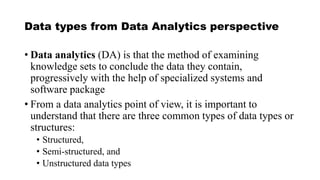Data types from Data Analytics perspective
• Data analytics (DA) is that the method of examining
knowledge sets to conclude the data they contain,
progressively with the help of specialized systems and
software package
• From a data analytics point of view, it is important to
understand that there are three common types of data types or
structures:
• Structured,
• Semi-structured, and
• Unstructured data types
 