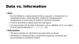 Data vs. Information
• Data
• Can be defined as a representation of facts, concepts, or instructions in a
formalized manner, which should be suitable for communication,
interpretation, or processing, by human or electronic machines.
• It can be described as unprocessed facts and figures
• It is represented with the help of characters such as alphabets (A-Z, a-z), digits
(0-9) or special characters (+, -, /, *, <,>, =, etc.
• Information
• The processed data on which decisions and actions are based
• Information is interpreted data; created from organized, structured, and
processed data in a particular context
 
