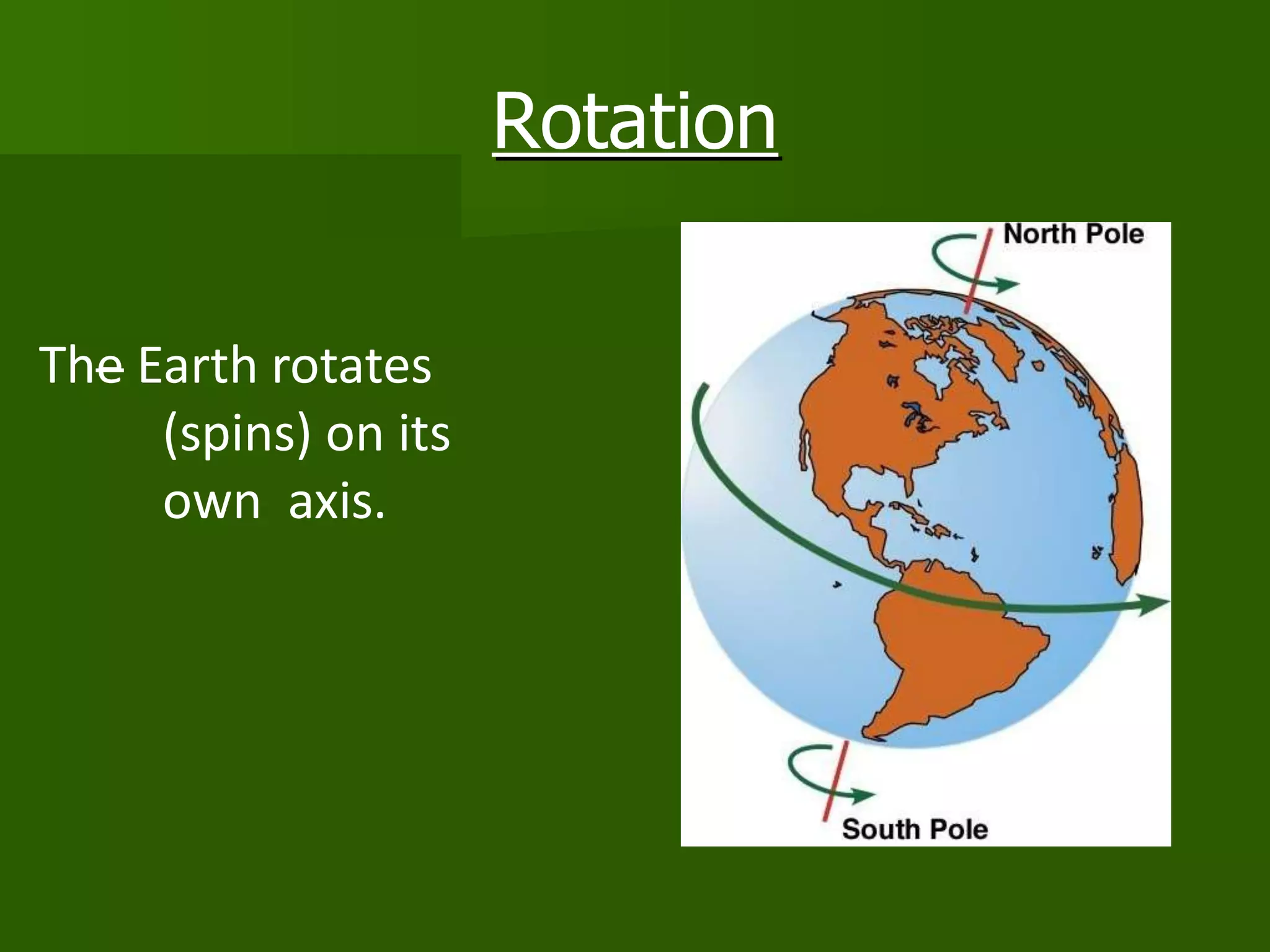 Rotation
The Earth rotates
(spins) on its
own axis.
 