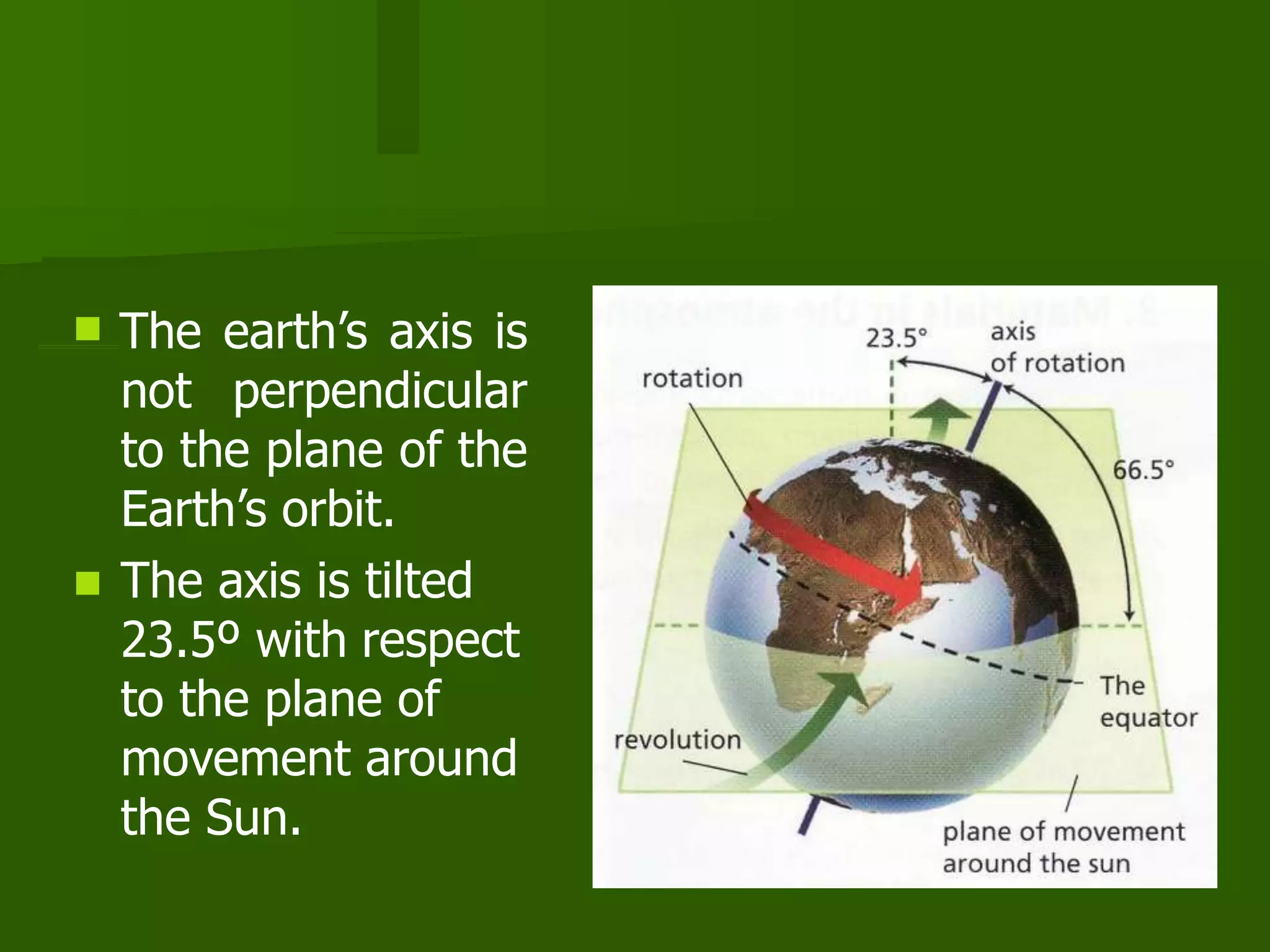  The earth’s axis is
not perpendicular
to the plane of the
Earth’s orbit.
 The axis is tilted
23.5º with respect
to the plane of
movement around
the Sun.
 
