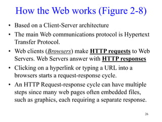 26
How the Web works (Figure 2-8)
• Based on a Client-Server architecture
• The main Web communications protocol is Hypertext
Transfer Protocol.
• Web clients (Browsers) make HTTP requests to Web
Servers. Web Servers answer with HTTP responses
• Clicking on a hyperlink or typing a URL into a
browsers starts a request-response cycle.
• An HTTP Request-response cycle can have multiple
steps since many web pages often embedded files,
such as graphics, each requiring a separate response.
 