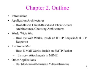 3
Chapter 2. Outline
• Introduction
• Application Architectures
– Host-Based, Client-Based and Client-Server
Architectures, Choosing Architectures
• World Wide Web
– How the Web Works, Inside an HTTP Request & HTTP
Response
• Electronic Mail
– How E-Mail Works, Inside an SMTP Packet
– Listserv, Attachments in MIME
• Other Applications
– Ftp, Telnet, Instant Messaging, Videoconferencing
 