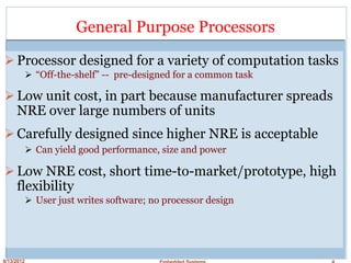 8/13/2012 Embedded Systems 4
General Purpose Processors
Processor designed for a variety of computation tasks
“Off-the-shelf” -- pre-designed for a common task
Low unit cost, in part because manufacturer spreads
NRE over large numbers of units
Carefully designed since higher NRE is acceptable
Can yield good performance, size and power
Low NRE cost, short time-to-market/prototype, high
flexibility
User just writes software; no processor design
 