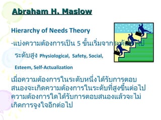 AAbbrraahhaamm HH.. MMaassllooww 
Hierarchy of Needs Theory 
-แบ่งความต้องการเป็น 5 ขั้นเริ่มจากระดับตำ่าไป 
ระดับสูง Physiological, Safety, Social, 
Esteem, Self-Actualization 
เมื่อความต้องการในระดับหนึ่งได้รับการตอบ 
สนองจะเกิดความต้องการในระดับที่สูงขึ้นต่อไป 
ความต้องการใดได้รับการตอบสนองแล้วจะไม่ 
เกิดการจูงใจอีกต่อไป 
 