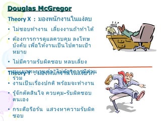 DDoouuggllaass MMccGGrreeggoorr 
Theory X : มองพนักงานในแง่ลบ 
• ไม่ชอบทำางาน เลี่ยงงานถ้าทำาได้ 
• ต้องการการดูแลควบคุม ลงโทษ 
บังคับ เพื่อให้งานเป็นไปตามเป้า 
หมาย 
• ไม่มีความรับผิดชอบ หลบเลี่ยง 
• ทะเยอทะยานตำ่า ไม่ต้องการมีส่วน 
ร่วม 
Theory Y : มองพนักงานในแง่บวก 
• งานเป็นเรื่องปกติ พร้อมจะทำางาน 
• รู้จักตัดสินใจ ควบคุม-รับผิดชอบ 
ตนเอง 
• กระตือรือร้น แสวงหาความรับผิด 
ชอบ 
 