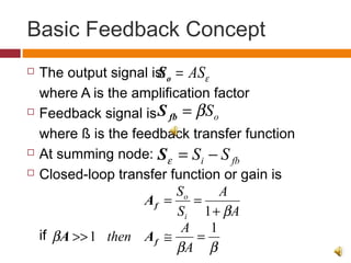 Basic Feedback Concept
 The output signal is:
where A is the amplification factor
 Feedback signal is
where ß is the feedback transfer function
 At summing node:
 Closed-loop transfer function or gain is
if
εAS=oS
oSβ=fbS
fbi SS −=εS
A
A
S
S
i
o
β+
==
1
fA
ββ
β
1
1 =≅>>
A
A
then fAA
 