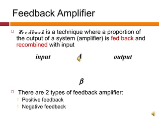 Feedback Amplifier
 Fe e dback is a technique where a proportion of
the output of a system (amplifier) is fed back and
recombined with input
 There are 2 types of feedback amplifier:
 Positive feedback
 Negative feedback
A
β
input output
 