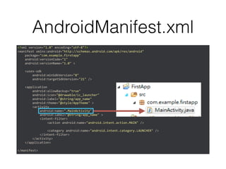 AndroidManifest.xml
<?xml	
  version="1.0"	
  encoding="utf-­‐8"?>	
  
<manifest	
  xmlns:android="http://schemas.android.com/apk/res/android"	
  
	
  	
  	
  	
  package="com.example.firstapp"	
  
	
  	
  	
  	
  android:versionCode="1"	
  
	
  	
  	
  	
  android:versionName="1.0"	
  >	
  
!
	
  	
  	
  	
  <uses-­‐sdk	
  
	
  	
  	
  	
  	
  	
  	
  	
  android:minSdkVersion="8"	
  
	
  	
  	
  	
  	
  	
  	
  	
  android:targetSdkVersion="21"	
  />	
  
!
	
  	
  	
  	
  <application	
  
	
  	
  	
  	
  	
  	
  	
  	
  android:allowBackup="true"	
  
	
  	
  	
  	
  	
  	
  	
  	
  android:icon="@drawable/ic_launcher"	
  
	
  	
  	
  	
  	
  	
  	
  	
  android:label="@string/app_name"	
  
	
  	
  	
  	
  	
  	
  	
  	
  android:theme="@style/AppTheme"	
  >	
  
	
  	
  	
  	
  	
  	
  	
  	
  <activity	
  
	
  	
  	
  	
  	
  	
  	
  	
  	
  	
  	
  	
  android:name=".MainActivity"	
  
	
  	
  	
  	
  	
  	
  	
  	
  	
  	
  	
  	
  android:label="@string/app_name"	
  >	
  
	
  	
  	
  	
  	
  	
  	
  	
  	
  	
  	
  	
  <intent-­‐filter>	
  
	
  	
  	
  	
  	
  	
  	
  	
  	
  	
  	
  	
  	
  	
  	
  	
  <action	
  android:name="android.intent.action.MAIN"	
  />	
  
!
	
  	
  	
  	
  	
  	
  	
  	
  	
  	
  	
  	
  	
  	
  	
  	
  <category	
  android:name="android.intent.category.LAUNCHER"	
  />	
  
	
  	
  	
  	
  	
  	
  	
  	
  	
  	
  	
  	
  </intent-­‐filter>	
  
	
  	
  	
  	
  	
  	
  	
  	
  </activity>	
  
	
  	
  	
  	
  </application>	
  
!
</manifest>
 