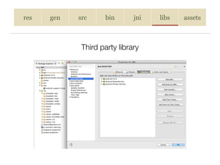 res gen src bin jni libs assets
Third party library
 