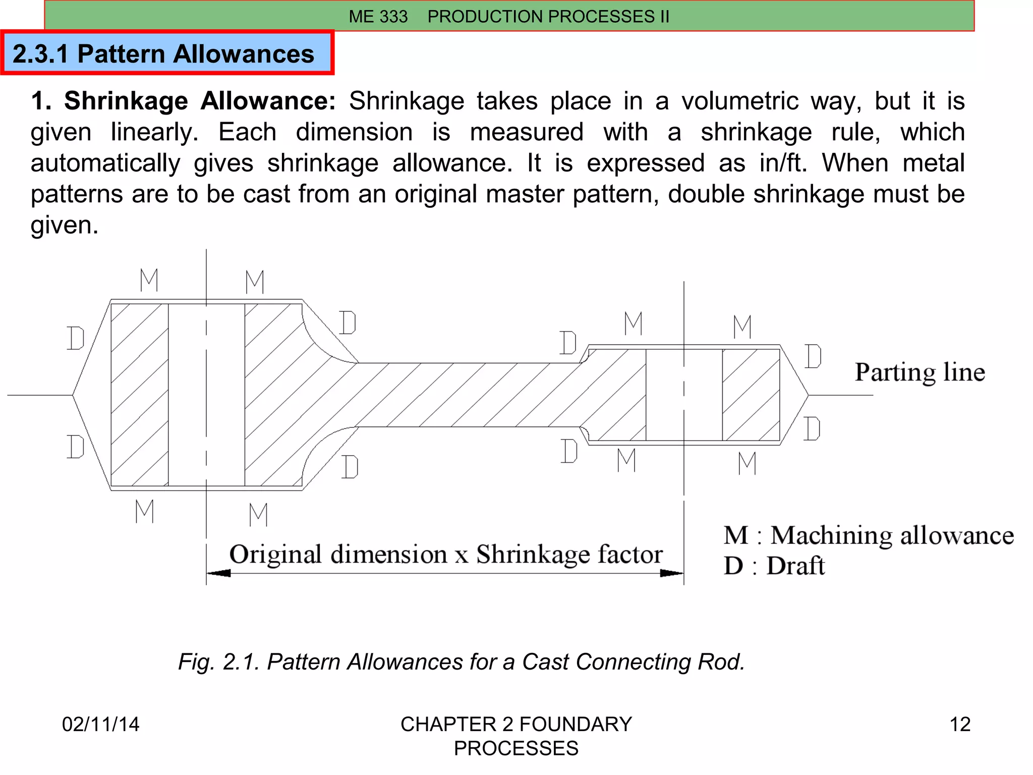 1. Shrinkage Allowance: Shrinkage takes place in a volumetric way, but it is 
given linearly. Each dimension is measured with a shrinkage rule, which 
automatically gives shrinkage allowance. It is expressed as in/ft. When metal 
patterns are to be cast from an original master pattern, double shrinkage must be 
given. 
02/11/14 CHAPTER 2 FOUNDARY 
PROCESSES 
12 
ME 333 PRODUCTION PROCESSES II 
2.3.1 Pattern Allowances 
Fig. 2.1. Pattern Allowances for a Cast Connecting Rod. 
 