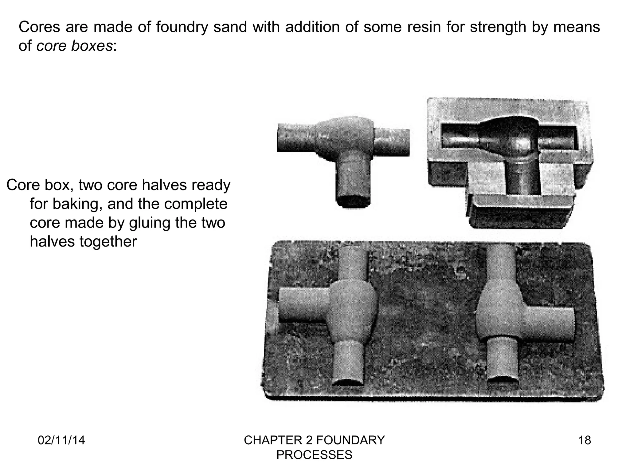 Cores are made of foundry sand with addition of some resin for strength by means 
of core boxes: 
02/11/14 CHAPTER 2 FOUNDARY 
PROCESSES 
18 
Core box, two core halves ready 
for baking, and the complete 
core made by gluing the two 
halves together 
 