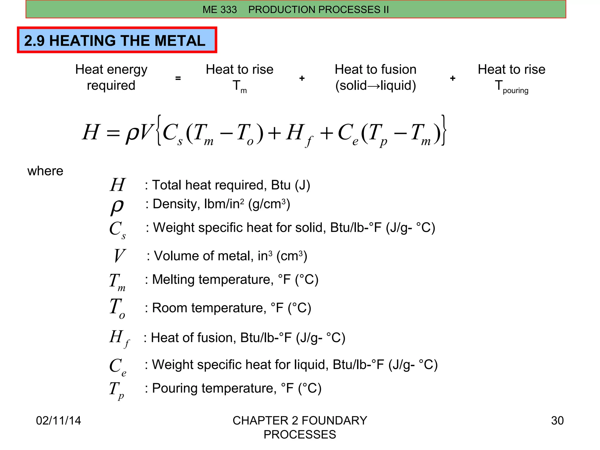 ME 333 PRODUCTION PROCESSES II 
02/11/14 CHAPTER 2 FOUNDARY 
PROCESSES 
30 
2.9 HEATING THE METAL 
Heat energy 
required 
Heat to rise 
Tm 
Heat to fusion 
(solid→liquid) 
Heat to rise 
Tpouring 
= + + 
{ ( ) ( )} s m o f e p m H = rV C T -T + H +C T -T 
where 
H : Total heat required, Btu (J) 
r : Density, lbm/in2 (g/cm3) 
s C : Weight specific heat for solid, Btu/lb-°F (J/g- °C) 
V : Volume of metal, in3 (cm3) 
m T : Melting temperature, °F (°C) 
o T : Room temperature, °F (°C) 
f H : Heat of fusion, Btu/lb-°F (J/g- °C) 
e C : Weight specific heat for liquid, Btu/lb-°F (J/g- °C) 
p T : Pouring temperature, °F (°C) 
 