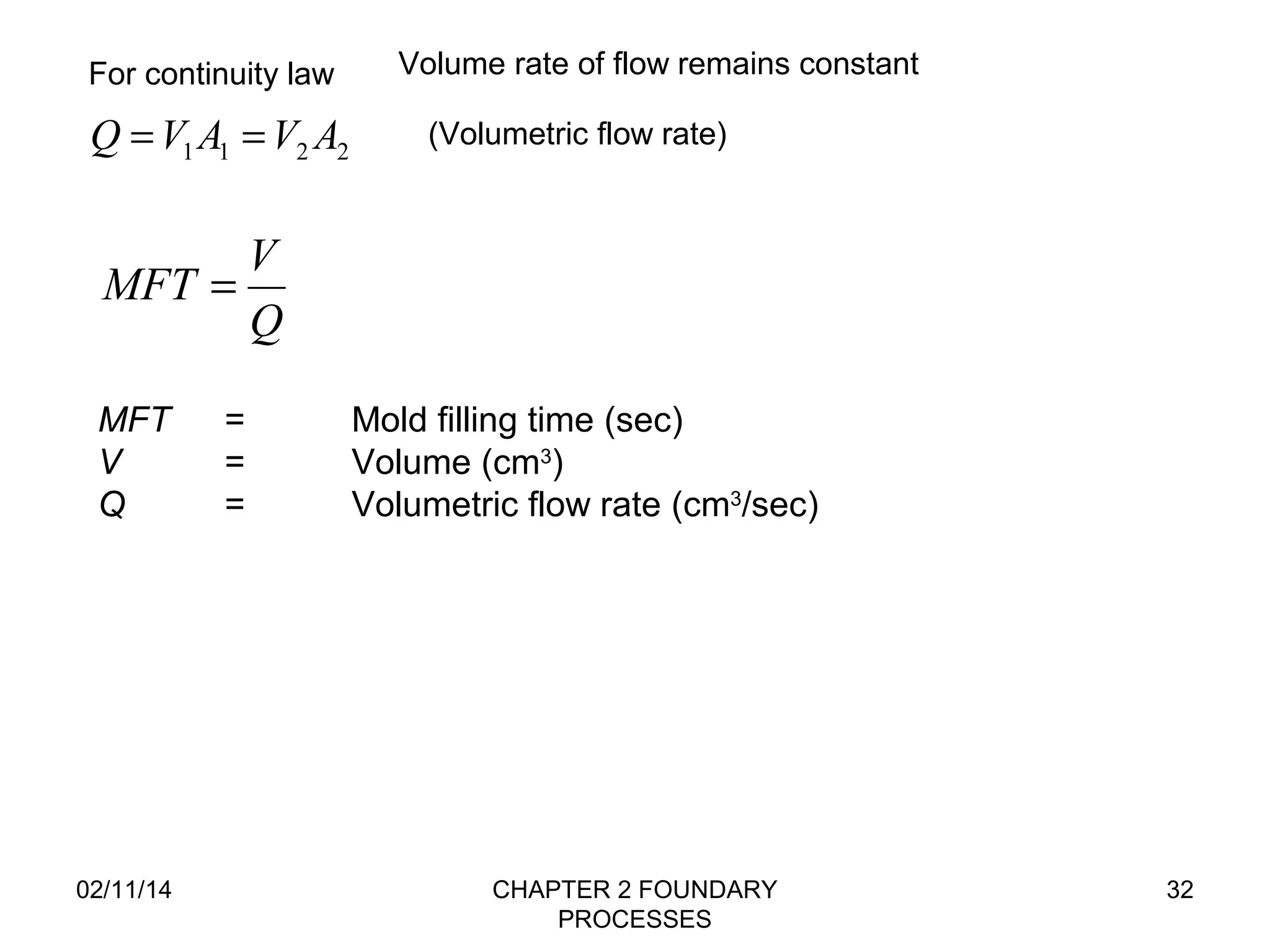 MFT = V 
Volume rate of flow remains constant 
02/11/14 CHAPTER 2 FOUNDARY 
PROCESSES 
32 
For continuity law 
1 1 2 2 Q =V A =V A (Volumetric flow rate) 
Q 
MFT = Mold filling time (sec) 
V = Volume (cm3) 
Q = Volumetric flow rate (cm3/sec) 
 