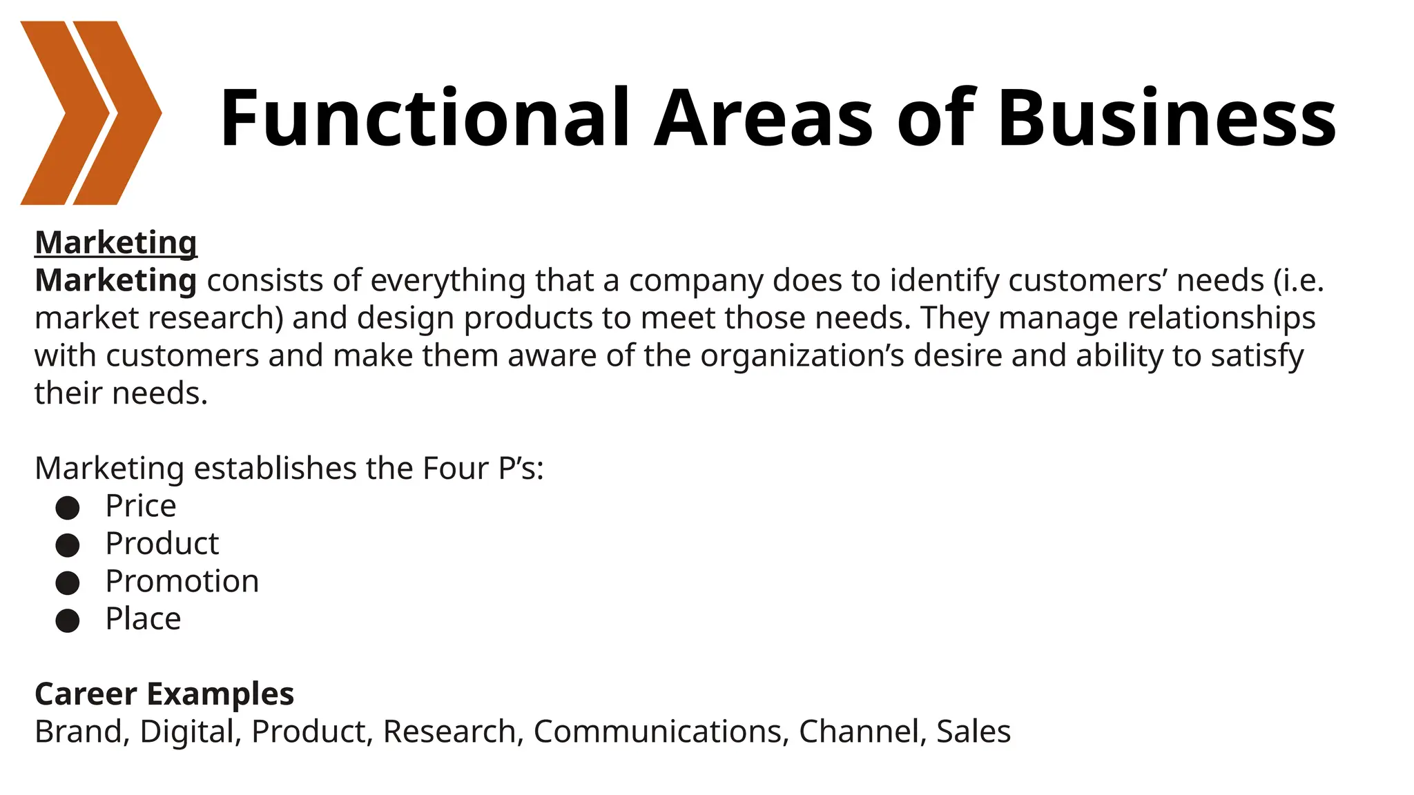 Functional Areas of Business
Marketing
Marketing consists of everything that a company does to identify customers’ needs (i.e.
market research) and design products to meet those needs. They manage relationships
with customers and make them aware of the organization’s desire and ability to satisfy
their needs.
Marketing establishes the Four P’s:
● Price
● Product
● Promotion
● Place
Career Examples
Brand, Digital, Product, Research, Communications, Channel, Sales
 