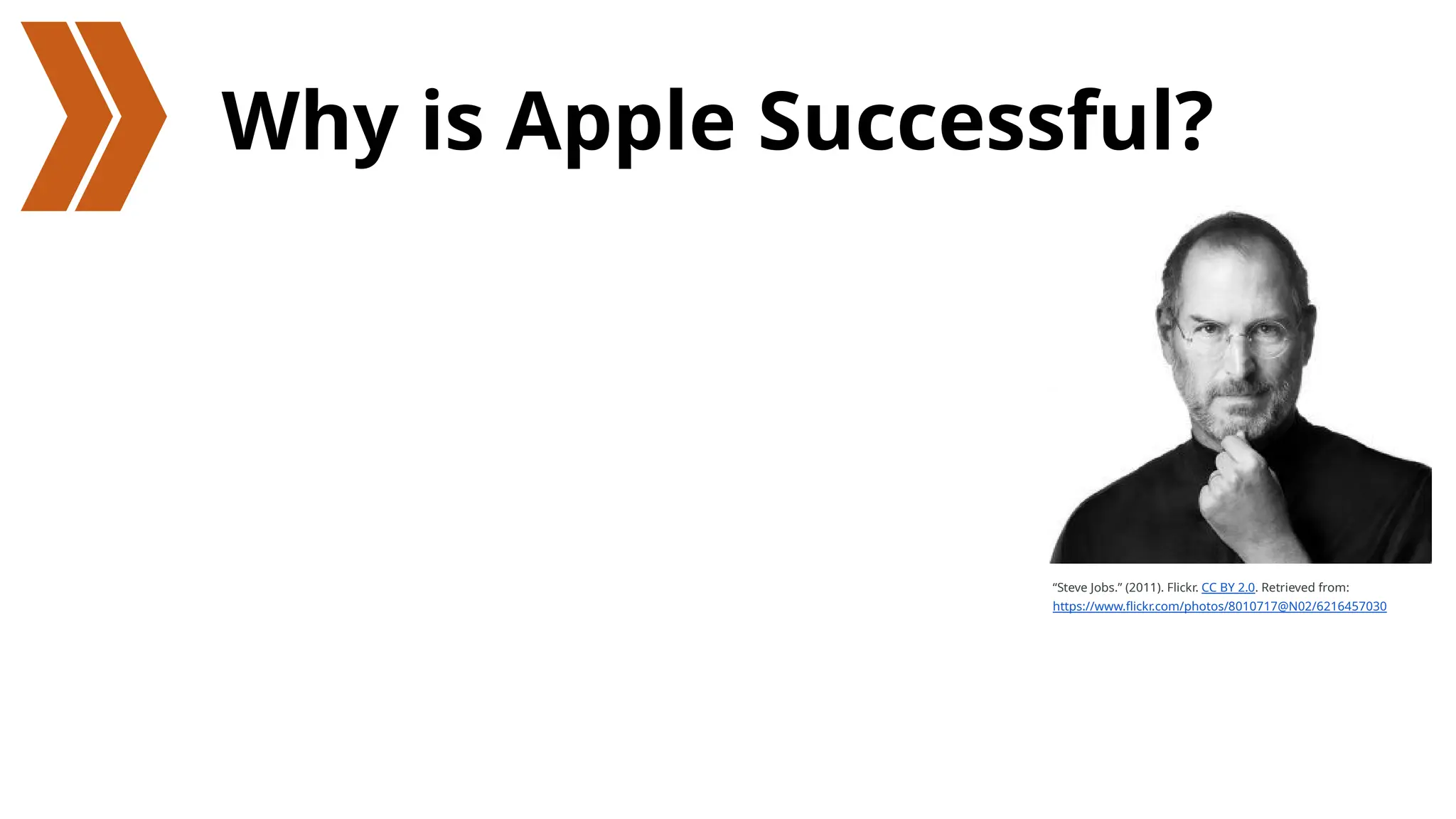 Why is Apple Successful?
“Steve Jobs.” (2011). Flickr. CC BY 2.0. Retrieved from:
https://www.flickr.com/photos/8010717@N02/6216457030
 