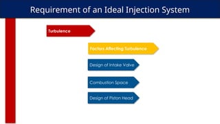 Requirement of an Ideal Injection System
Turbulence
Design of Intake Valve
Factors Affecting Turbulence
Combustion Space
Design of Piston Head
 