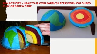 FUN ACTIVITY – MAKEYOUR OWN EARTH’S LAYERS WITH COLOURED
CLAY, OR BAKE A CAKE
 