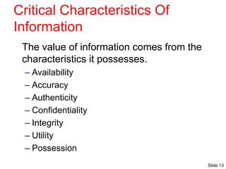 Slide 13
Critical Characteristics Of
Information
The value of information comes from the
characteristics it possesses.
– Availability
– Accuracy
– Authenticity
– Confidentiality
– Integrity
– Utility
– Possession
 