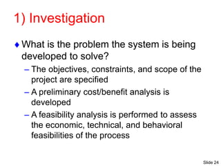 Slide 24
1) Investigation
What is the problem the system is being
developed to solve?
– The objectives, constraints, and scope of the
project are specified
– A preliminary cost/benefit analysis is
developed
– A feasibility analysis is performed to assess
the economic, technical, and behavioral
feasibilities of the process
 
