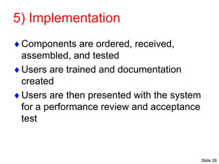Slide 28
5) Implementation
Components are ordered, received,
assembled, and tested
Users are trained and documentation
created
Users are then presented with the system
for a performance review and acceptance
test
 