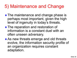 Slide 35
5) Maintenance and Change
The maintenance and change phase is
perhaps most important, given the high
level of ingenuity in today’s threats.
The reparation and restoration of
information is a constant duel with an
often unseen adversary.
As new threats emerge and old threats
evolve, the information security profile of
an organization requires constant
adaptation.
 