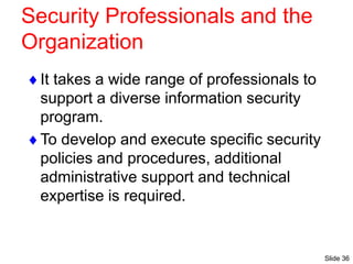 Slide 36
Security Professionals and the
Organization
It takes a wide range of professionals to
support a diverse information security
program.
To develop and execute specific security
policies and procedures, additional
administrative support and technical
expertise is required.
 