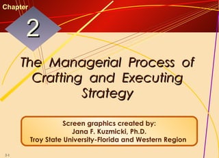 2-1
The Managerial Process ofThe Managerial Process of
Crafting and ExecutingCrafting and Executing
StrategyStrategy
22
Chapter
Screen graphics created by:
Jana F. Kuzmicki, Ph.D.
Troy State University-Florida and Western Region
 