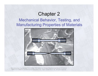 Chapter 2 
Mechanical Behavior, Testing, and 
Manufacturing Properties of Materials 
Manufacturing, Engineering & Technology, Fifth Edition, by Serope Kalpakjian and Steven R. Schmid. 
ISBN 0-13-148965-8. © 2006 Pearson Education, Inc., Upper Saddle River, NJ. All rights reserved. 
 