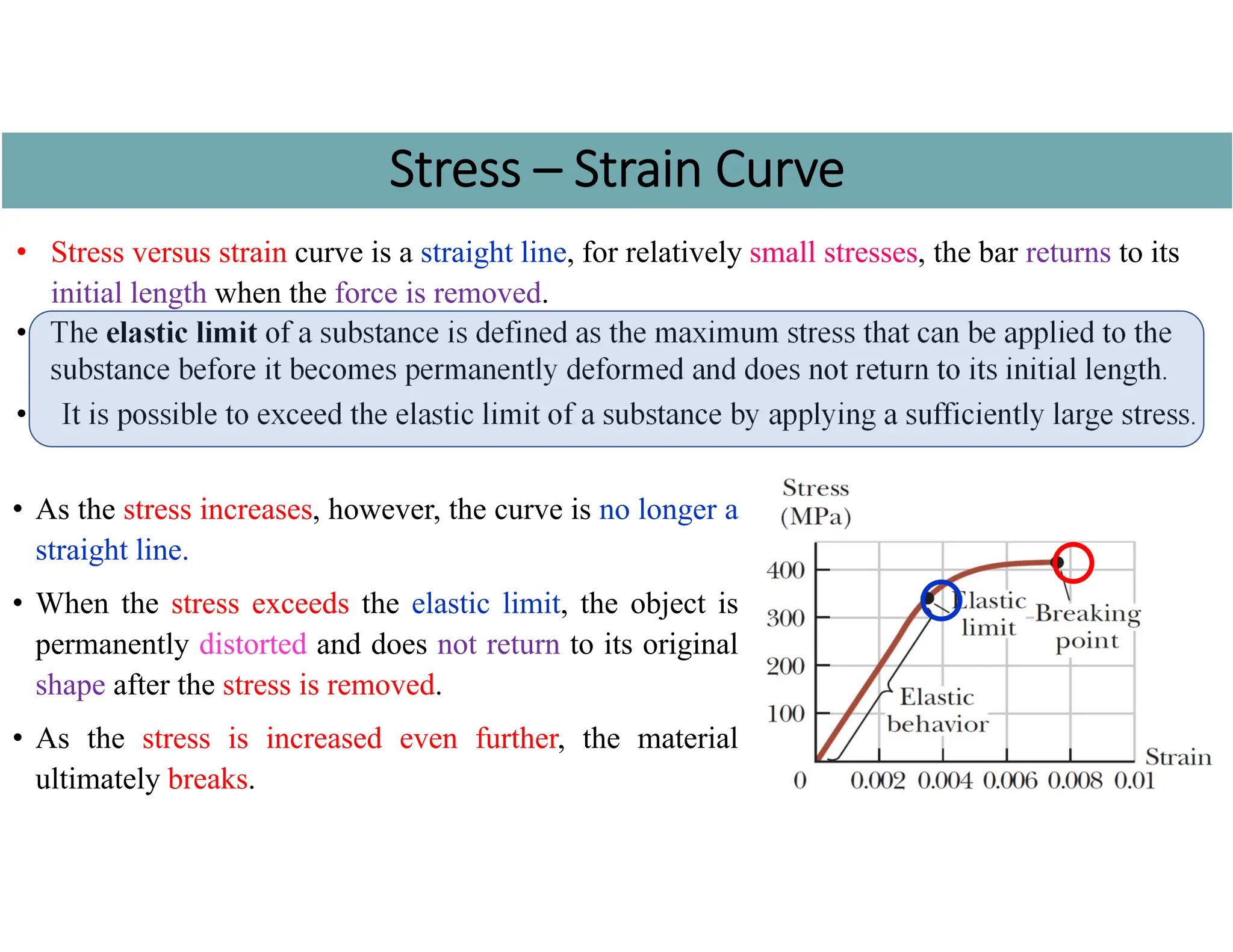• As the stress increases, however, the curve is no longer a
straight line.
• When the stress exceeds the elastic limit, the object is
permanently distorted and does not return to its original
shape after the stress is removed.
• As the stress is increased even further, the material
ultimately breaks. 6
Stress – Strain Curve
• Stress versus strain curve is a straight line, for relatively small stresses, the bar returns to its
initial length when the force is removed.
• The elastic limit of a substance is defined as the maximum stress that can be applied to the
substance before it becomes permanently deformed and does not return to its initial length.
• It is possible to exceed the elastic limit of a substance by applying a sufficiently large stress.
 