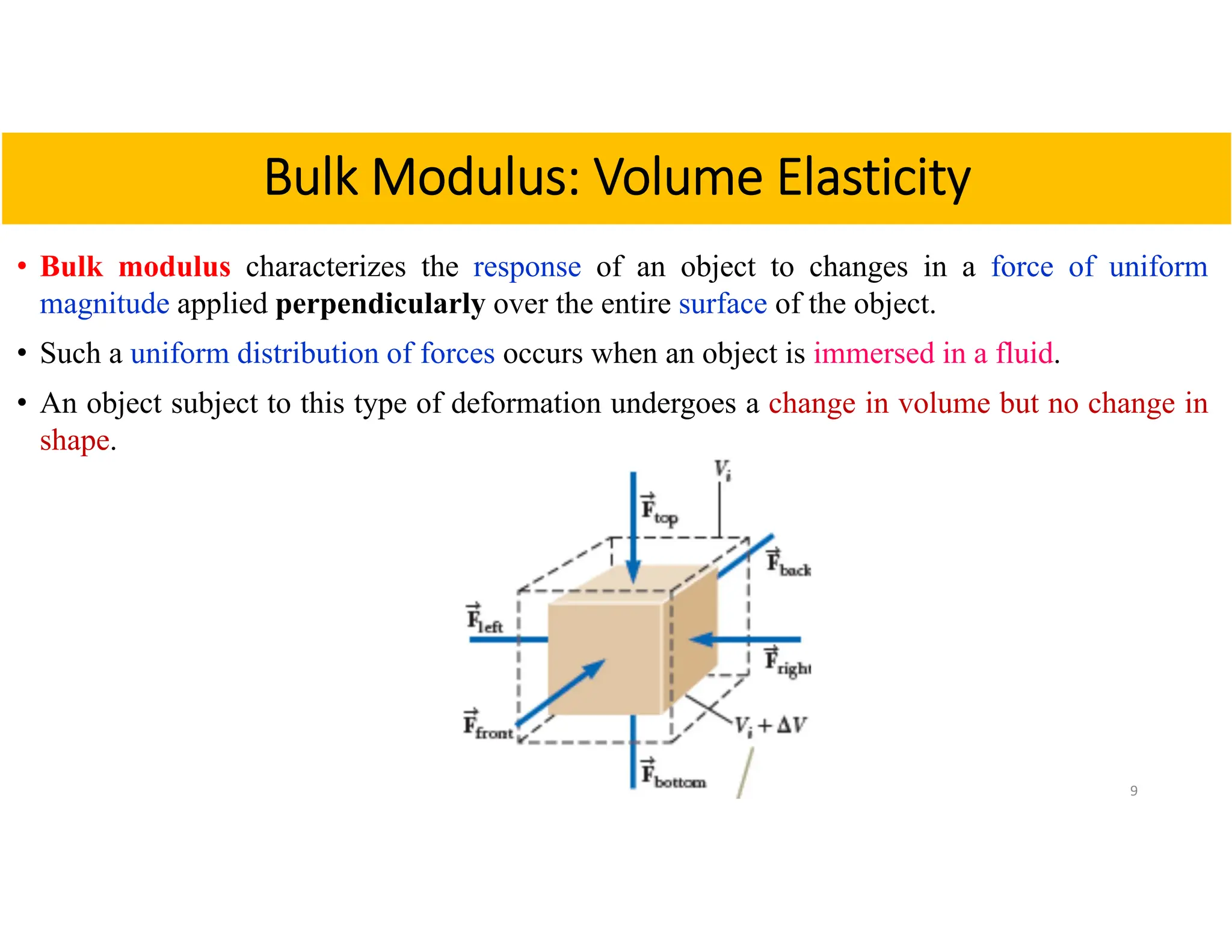 • Bulk modulus characterizes the response of an object to changes in a force of uniform
magnitude applied perpendicularly over the entire surface of the object.
• Such a uniform distribution of forces occurs when an object is immersed in a fluid.
• An object subject to this type of deformation undergoes a change in volume but no change in
shape.
9
Bulk Modulus: Volume Elasticity
 