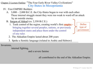 Chapter 2 Lecture Outline: “The Four Early River Valley Civilizations”
City-States in Mesopotamia
IV. First EMPIRE Builders
A. 3,000 – 2,000 B.C.E. the City-States began to war with each other.
These internal struggle meant they were too weak to ward off an attack
by an outside enemy.
B. Sargon of Akkad (ca. 2,350 B.C.E.)
1. Took control of the region, creating world’s first empire -
bringing together several peoples, nations, or previously
independent states and place them under the control
of one ruler.
Define
type of
government
PP Design of T. Loessin; Akins H.S.
2. The Akkadian Empire lasted about 200 years
3. Spoke a Semitic language (related to Arabic and Hebrew)
Arabic Hebrewsample Akkadian text
Invasions,
internal fighting,
and a severe famine
all contributed to the end of the Akkadian Empire.
 