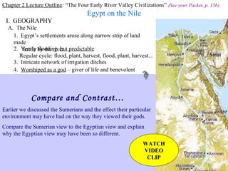 Chapter 2 Lecture Outline: “The Four Early River Valley Civilizations” (See your Packet, p. 15b)
Egypt on the Nile
I. GEOGRAPHY Nile River
A. The Nile
1. Egypt’s settlements arose along narrow strip of land
made
fertile by the river2. Yearly flooding, but predictable
Regular cycle: flood, plant, harvest, flood, plant, harvest...
3. Intricate network of irrigation ditches
Irrigating scene painted on tomb at Thebes
4. Worshiped as a god – giver of life and benevolent
Compare and Contrast…
Earlier we discussed the Sumerians and the effect their particular
environment may have had on the way they viewed their gods.
Compare the Sumerian view to the Egyptian view and explain
why the Egyptian view may have been so different.
WATCH
VIDEO
CLIP
 