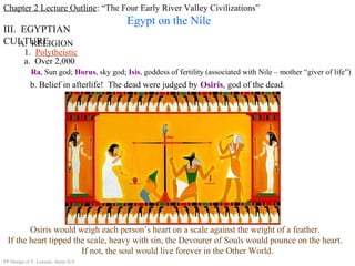 Chapter 2 Lecture Outline: “The Four Early River Valley Civilizations”
Egypt on the Nile
III. EGYPTIAN
CULTUREA. RELIGION
1. Polytheistic
a. Over 2,000
Ra, Sun god; Horus, sky god; Isis, goddess of fertility (associated with Nile – mother “giver of life”)
PP Design of T. Loessin; Akins H.S.
b. Belief in afterlife! The dead were judged by Osiris, god of the dead.
Osiris would weigh each person’s heart on a scale against the weight of a feather.
If the heart tipped the scale, heavy with sin, the Devourer of Souls would pounce on the heart.
If not, the soul would live forever in the Other World.
 