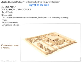 Chapter 2 Lecture Outline: “The Four Early River Valley Civilizations”
Egypt on the Nile
III. EGYPTIAN
CULTUREB. SOCIAL STRUCTURE
• Upper class
Landowners (become familiar with other terms for this class – i.e., aristocracy or nobility)
Priests
Army commanders
Government officials
• Royal Family
Bas-relief of servants attending a royal lady.
Royal barge of Ptolemy IV
moored at Memphis.
Wealthy man’s house
at Amarna.
PP Design of T. Loessin; Akins H.S.
 