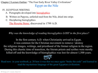 Chapter 2 Lecture Outline: “The Four Early River Valley Civilizations”
Egypt on the Nile
IV. EGYPTIAN WRITING
A. Pictographs developed into hieroglyphics
B. Written on Papyrus, unfurled reed from the Nile, dried into strips
C. Deciphering hieroglyphics
Why was the knowledge of reading hieroglyphics LOST in the first place?
In the first century A.D. when Christianity arrived in Egypt,
it was common for the Christian movement to remove / destroy
the religious images, writings, and priesthood of the former religion in the region.
During this chaotic time of transition, the literate priests and scribes were mostly
killed off and the knowledge of hieroglyphics was lost for almost 1,500 years.
Read now in your textbook, p. 38 how it was that we once again “broke the code” and learned to
read the mysterious language of the great Egyptian civilization.
The Rosetta Stone, discovered in 1799 A.D.
PP Design of T. Loessin; Akins H.S.
 