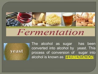 The alcohol as sugar has been
converted into alcohol by yeast. This
process of conversion of sugar into
alcohol is known as FERMENTATION.
 