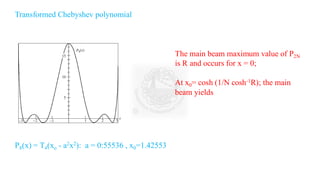 Transformed Chebyshev polynomial
P8(x) = T4(xo - a2x2): a = 0:55536 , x0=1.42553
The main beam maximum value of P2N
is R and occurs for x = 0;
At x0= cosh (1/N cosh-1R); the main
beam yields
 