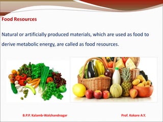 Food Resources
Natural or artificially produced materials, which are used as food to
derive metabolic energy, are called as food resources.
B.P.P. Kalamb-Walchandnagar Prof. Kokare A.Y.
 