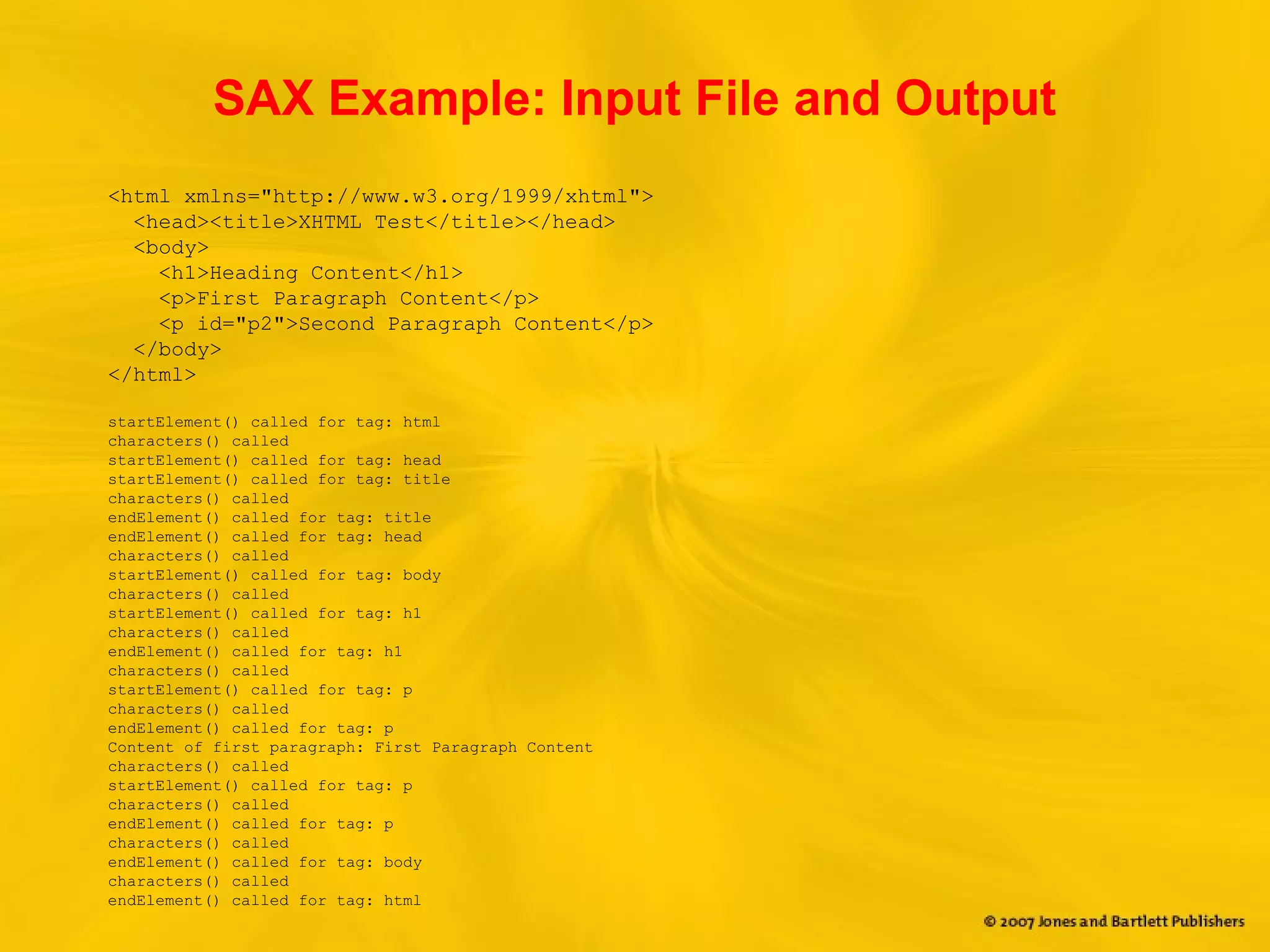 SAX Example: Input File and Output
<html xmlns="http://www.w3.org/1999/xhtml">
<head><title>XHTML Test</title></head>
<body>
<h1>Heading Content</h1>
<p>First Paragraph Content</p>
<p id="p2">Second Paragraph Content</p>
</body>
</html>
startElement() called for tag: html
characters() called
startElement() called for tag: head
startElement() called for tag: title
characters() called
endElement() called for tag: title
endElement() called for tag: head
characters() called
startElement() called for tag: body
characters() called
startElement() called for tag: h1
characters() called
endElement() called for tag: h1
characters() called
startElement() called for tag: p
characters() called
endElement() called for tag: p
Content of first paragraph: First Paragraph Content
characters() called
startElement() called for tag: p
characters() called
endElement() called for tag: p
characters() called
endElement() called for tag: body
characters() called
endElement() called for tag: html
 