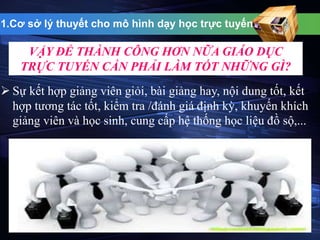1.Cơ sở lý thuyết cho mô hình dạy học trực tuyến 
VẬY ĐỂ THÀNH CÔNG HƠN NỮA GIÁO DỤC 
TRỰC TUYẾN CẦN PHẢI LÀM TỐT NHỮNG GÌ? 
 Sự kết hợp giảng viên giỏi, bài giảng hay, nội dung tốt, kết 
hợp tương tác tốt, kiểm tra /đánh giá định kỳ, khuyến khích 
giảng viên và học sinh, cung cấp hệ thống học liệu đồ sộ,... 
 